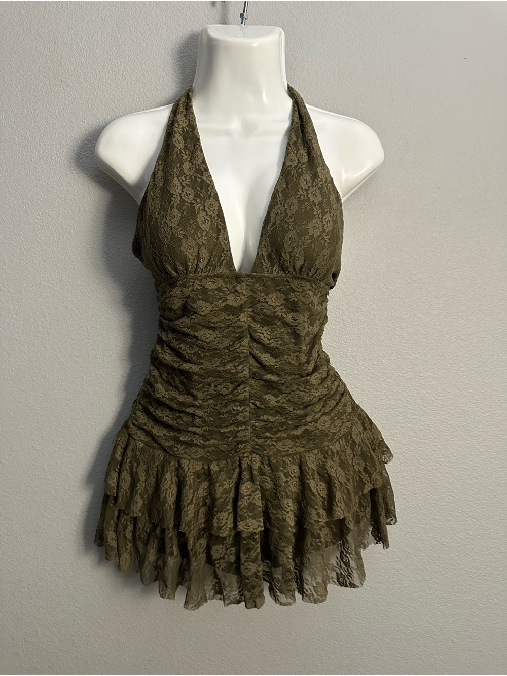 Windsor Olive Lace Halter Mini Dress